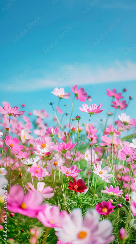 pink white cosmos flowers vast field blue green sky dreamy scenic landscape pink white cosmos flowers vast field blue green sky dreamy scenic landscape