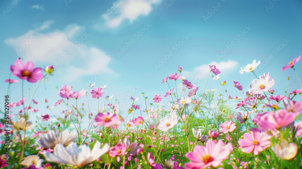 spring meadow blooming flowers blue sky pink white cosmos nature landscape
spring meadow blooming flowers blue sky pink white cosmos nature landscape