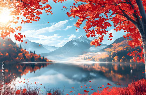 Stunning Mountain Lake with Reflective Red Leaves and Majestic Mountain Backdrop

