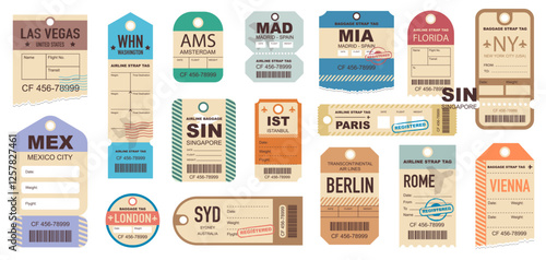 Set of beautiful vintage luggage tag, retro travel label set