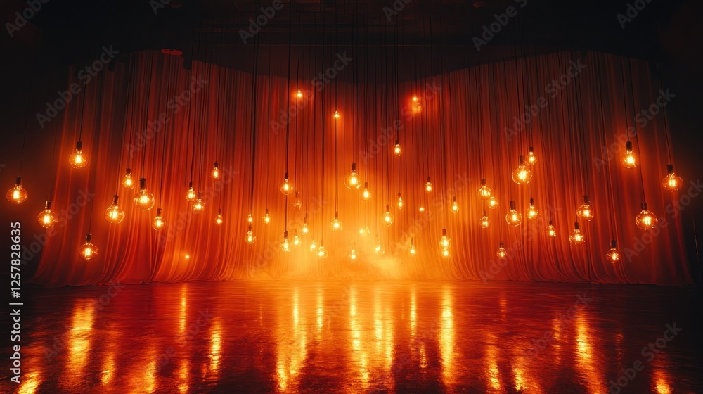 Fototapeta premium Warm light bulbs, hanging behind sheer drapes, dark interior, reflected on polished floor