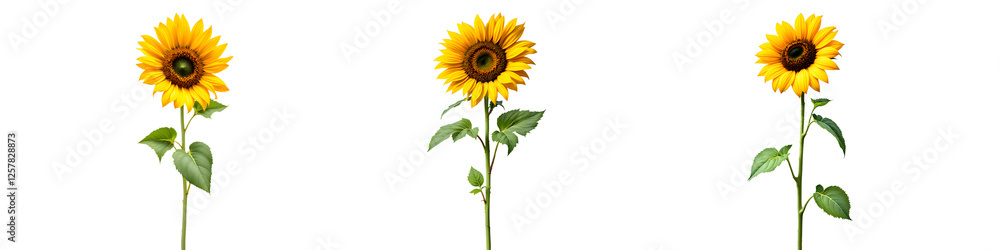 Fototapeta premium Three vibrant sunflowers transparent background, PNG. A close-up, studio shot of three isolated sunflowers with detailed petals and leaves.