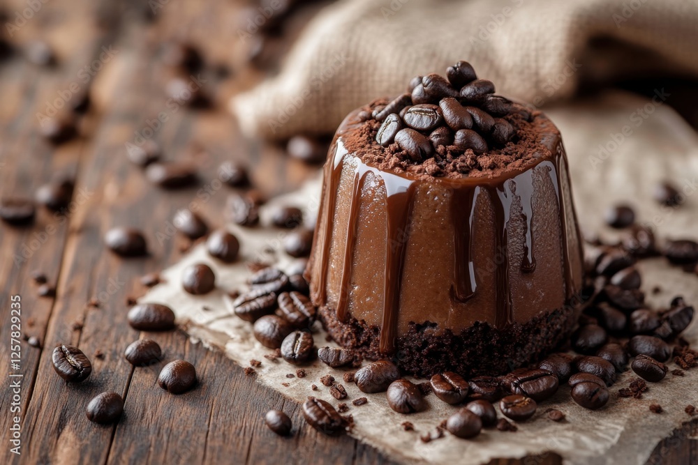 Delicious coffee dessert topped with beans on rustic wood Delicious coffee dessert topped with beans on rustic wood