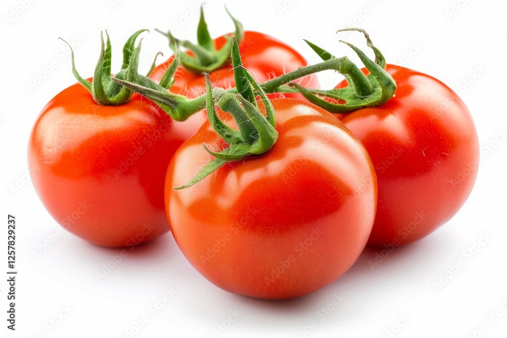 Three fresh tomatoes on white background. Neural network AI generated Three fresh tomatoes on white background. Neural network AI generated