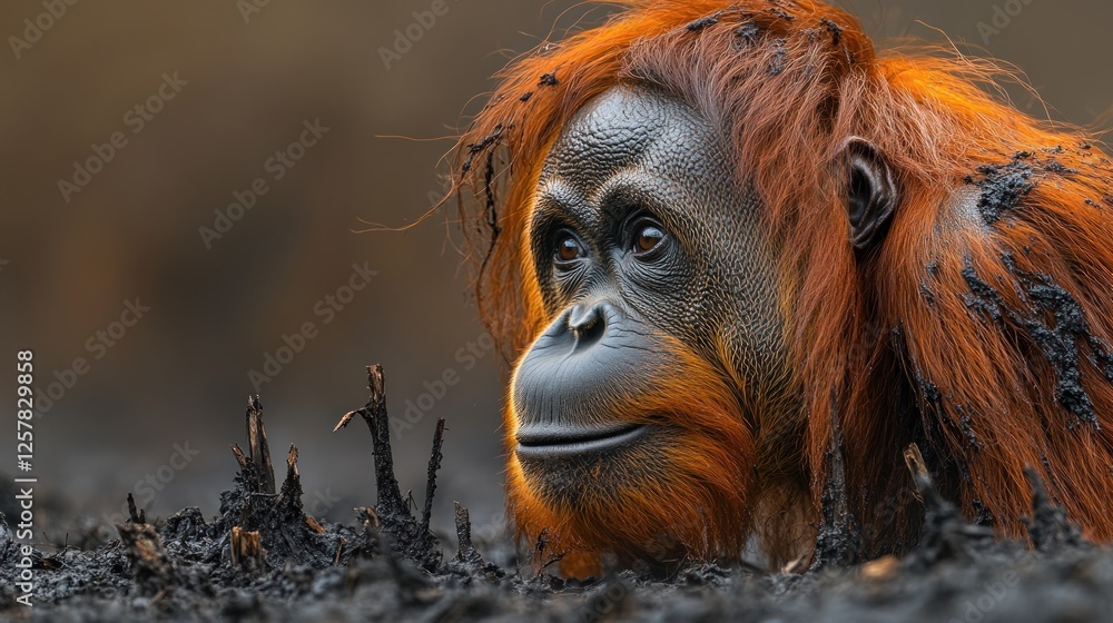 Fototapeta premium Bornean orangutan resting burnt forest