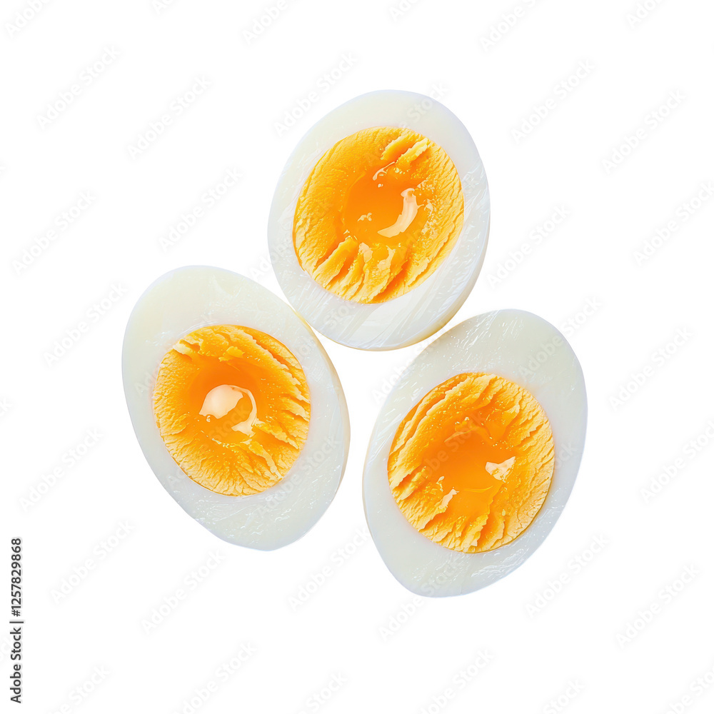 Three halves of boiled eggs with rich yellow yolks on a white isolated background Three halves of boiled eggs with rich yellow yolks on a white isolated background