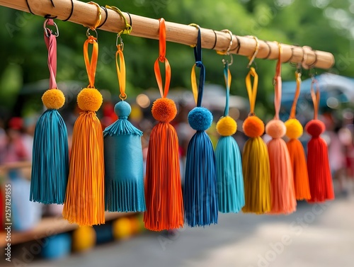 Vibrant carnival adornments joyful and imaginative textured with ribbons tassels and pom poms in a rainbow of hues infusing any event with a sense of playfulness and enchantment photo