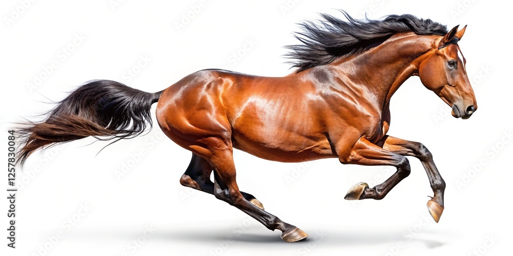 A powerful brown stallion leaps, embodying grace and speed. Rule of thirds composition. A powerful brown stallion leaps, embodying grace and speed. Rule of thirds composition.