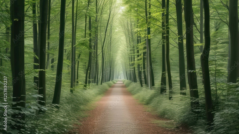 Obraz premium Serene forest pathway illuminated by soft sunlight, inviting nature exploration and relaxation in a tranquil setting