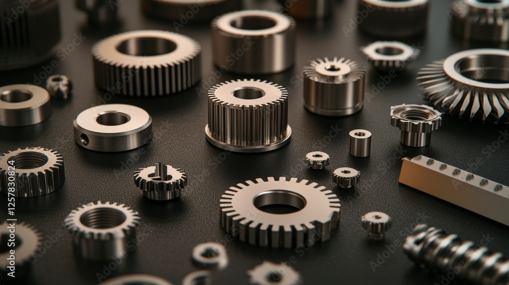 Industrial machinery components displayed on a dark surface, showcasing diverse metal gears and parts essential for mechanical engineering applications. Industrial machinery components displayed on a dark surface, showcasing diverse metal gears and parts essential for mechanical engineering applications.