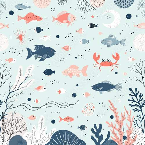 A variety of fish and marine life, including a crab, set against a light blue background with white polka dots and black lines. Vector patterns, random pattern