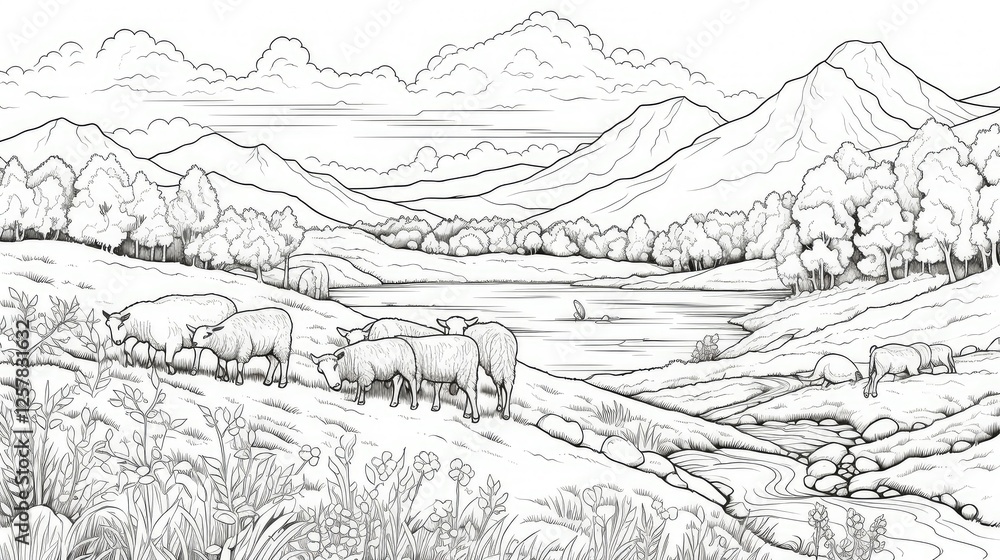 Fototapeta premium grazing coloring book hills