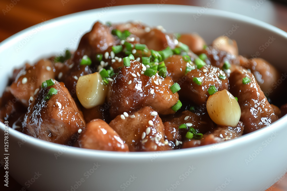 A bowl of adobo with tender chicken thighs, garlic cloves, and soy glaze A bowl of adobo with tender chicken thighs, garlic cloves, and soy glaze