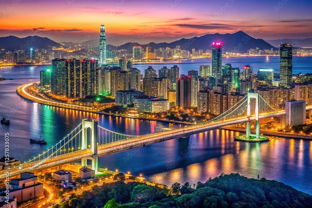 Obraz premium Busan Cityscape: Gwangan Bridge Night Panorama
