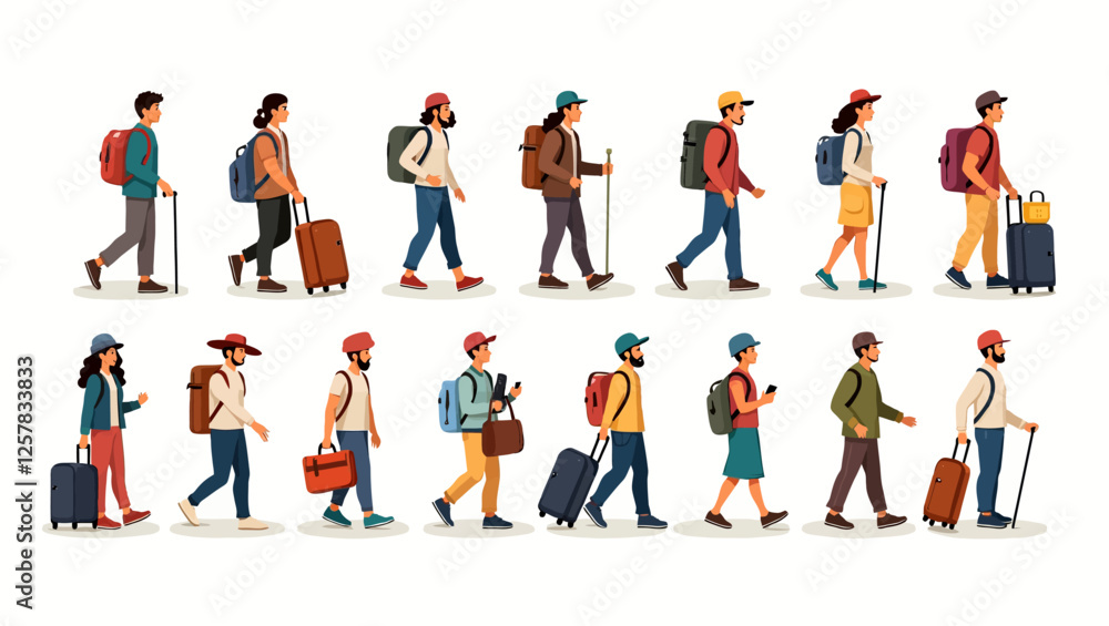 Isometric illustration of tourists with luggage, featuring men and women with backpacks, bags, and suitcases, enjoying their hiking and vacation adventures. A flawless vector set of people traveling. Isometric illustration of tourists with luggage, featuring men and women with backpacks, bags, and suitcases, enjoying their hiking and vacation adventures. A flawless vector set of people traveling.