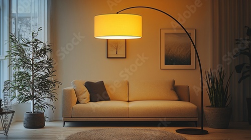Cozy living room with arc floor lamp, warm lighting, plants