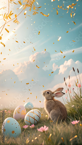 Cute rabbit sitting among colorful Easter eggs and flowers under a sunny sky for the Easter concept
