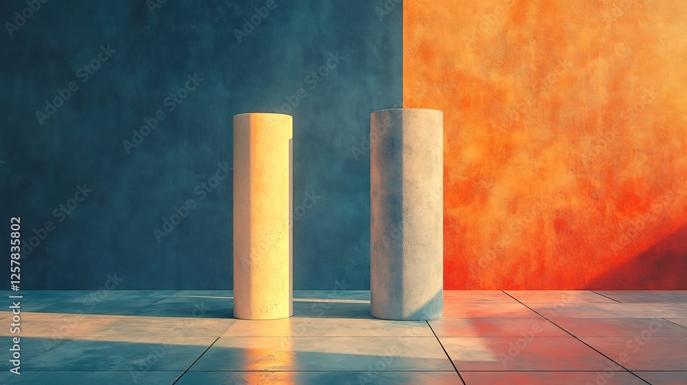 Warm light illuminates minimalist cylinders against vibrant blue orange wall. AI Generated Warm light illuminates minimalist cylinders against vibrant blue orange wall. AI Generated
