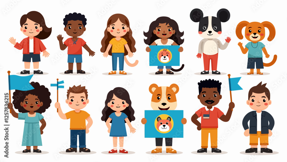 A mega set of World Animal Day concepts featuring diverse people celebrating with blue flags. Various scenes depict men and women supporting animal rights, caring for pets, and raising awareness in a A mega set of World Animal Day concepts featuring diverse people celebrating with blue flags. Various scenes depict men and women supporting animal rights, caring for pets, and raising awareness in a