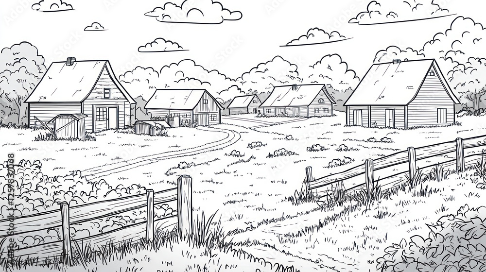 Fototapeta premium Rural village scene, winding road, farmhouses, idyllic countryside, book illustration