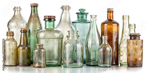 Antique glass bottles, a still life collection, showcased against a pristine white backdrop. Urban exploration finds. photo