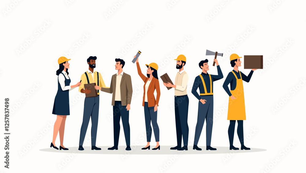 Professional workers from different professions. Scenes of people from different careers working in various business attire. Labor Day themed worker characters, vector illustration. Professional workers from different professions. Scenes of people from different careers working in various business attire. Labor Day themed worker characters, vector illustration.