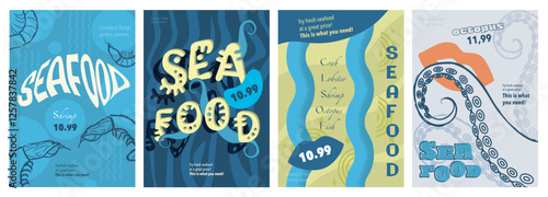 Seafood cover typography template for advertising design. Food posters and greeting cards with octopus, crabs, fishes, shrimps, mollusc and others for restaurant or shop menu. Vector illustration.