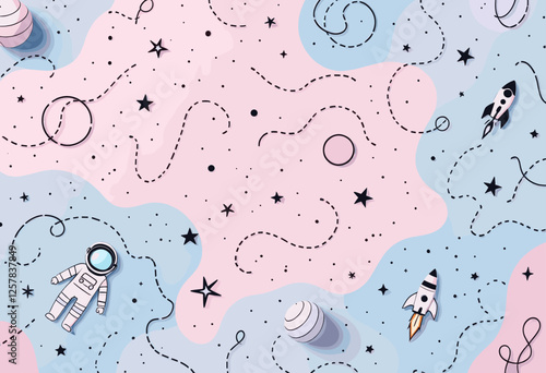 A space-themed background with a pink and blue color scheme, dotted with stars, planets, and a rocket ship. Vector patterns, random pattern