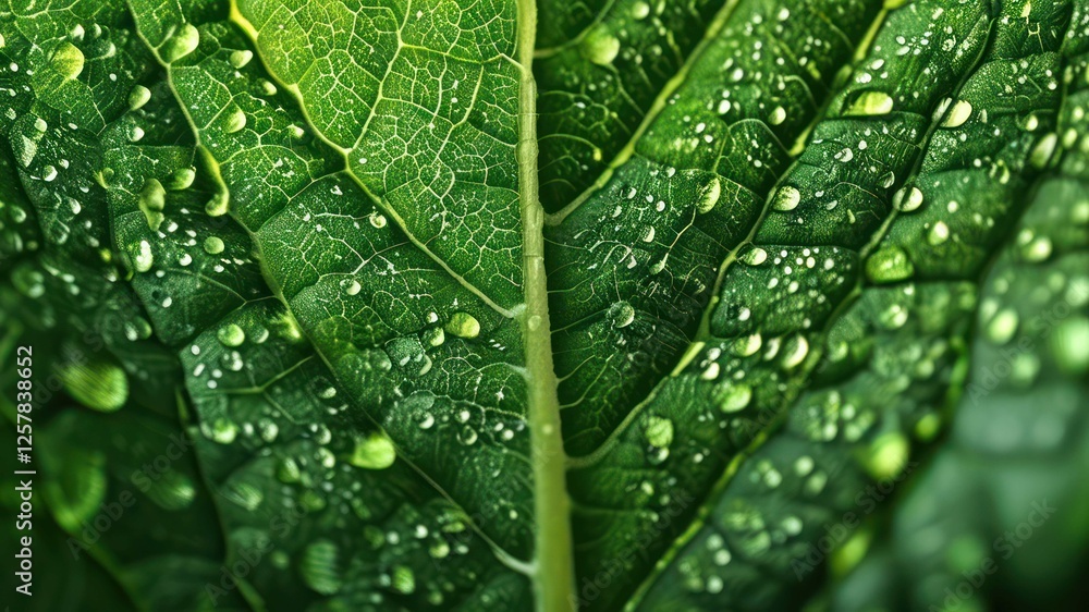 Close up of green leaf with water droplets showcasing freshness and natural beauty in a vibrant environment Close up of green leaf with water droplets showcasing freshness and natural beauty in a vibrant environment