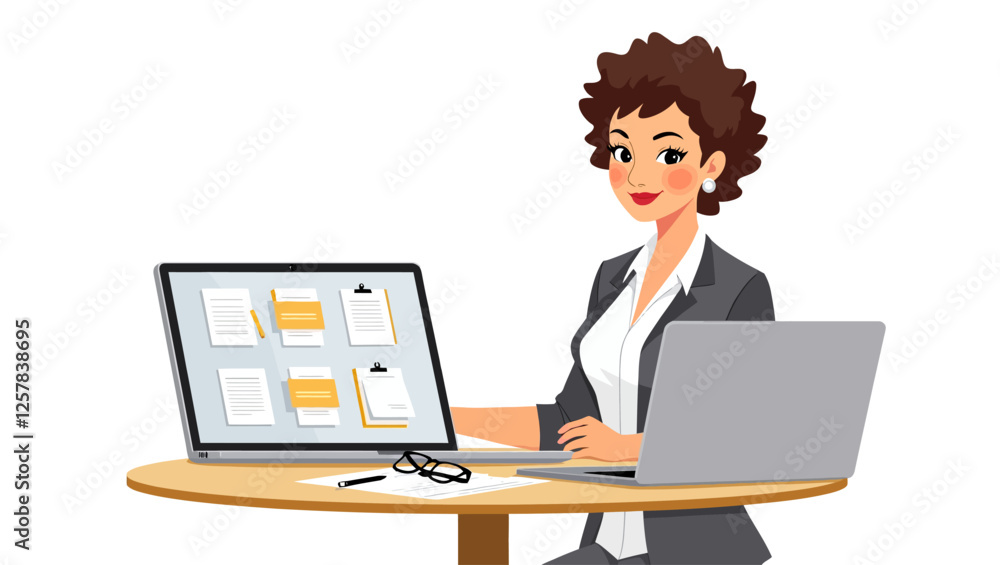 Woman works at her desk with laptop and papers. Businessman filling out documents, signing and sitting at round table. Vector illustration on white background. Woman works at her desk with laptop and papers. Businessman filling out documents, signing and sitting at round table. Vector illustration on white background.