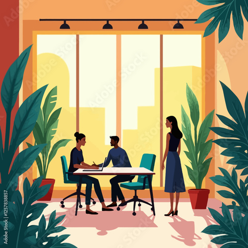 Silhouettes of people working in modern office space surrounded by tropical plants. A stylish and efficient working environment, interior design in harmony with nature.