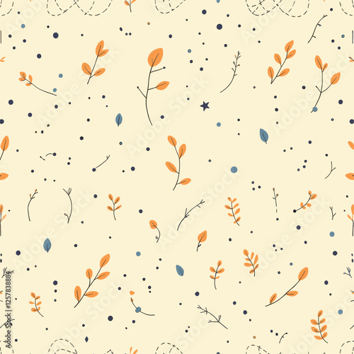 Small orange leaves and branches scattered across a light beige background, with some blue dots and a small star in the top right corner. Vector patterns, random pattern