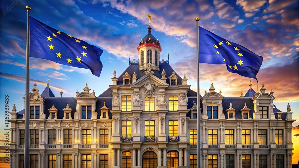 Obraz premium EU Flag Waving Proudly in Front of Monumental Building