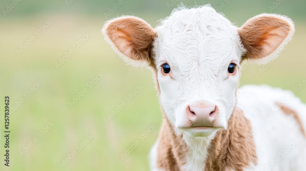 Cute Calf in Pasture, Peaceful Countryside. Possible Stock Photo Use Image of a young calf, showcasing rural charm Cute Calf in Pasture, Peaceful Countryside. Possible Stock Photo Use Image of a young calf, showcasing rural charm