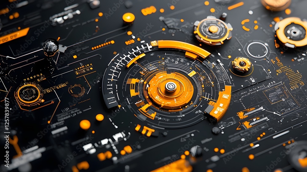 Obraz premium Dark modern sci fi technology background with floating heads up display HUD interface elements digital circuit patterns and high tech inspired design