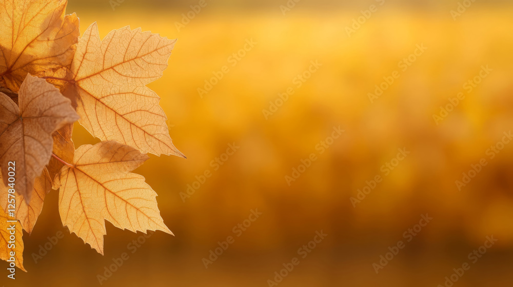 Golden autumn leaves with blurred yellow background create warm, tranquil atmosphere. soft focus enhances beauty of nature seasonal change Golden autumn leaves with blurred yellow background create warm, tranquil atmosphere. soft focus enhances beauty of nature seasonal change