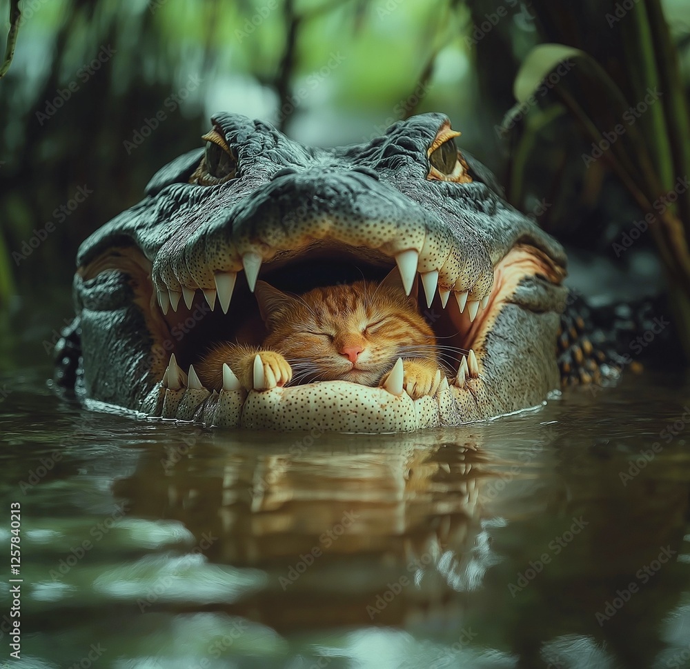 Fototapeta premium cat sleeping inside the mouth of an alligator