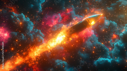 A vibrant rocket propels through a colorful cosmic landscape, surrounded by swirling nebulae and bursts of fiery energy photo