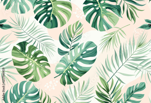 A repeating arrangement of tropical leaves in shades of green and white against a light pink background. Vector patterns, random pattern