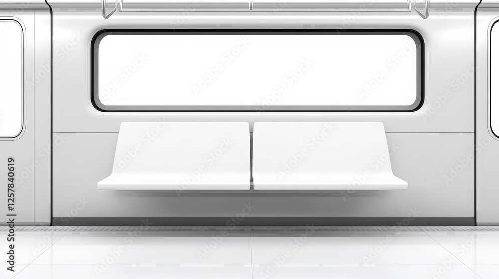 Minimalist subway interior featuring empty white seats and large windows. clean design emphasizes simplicity and modernity, creating serene atmosphere