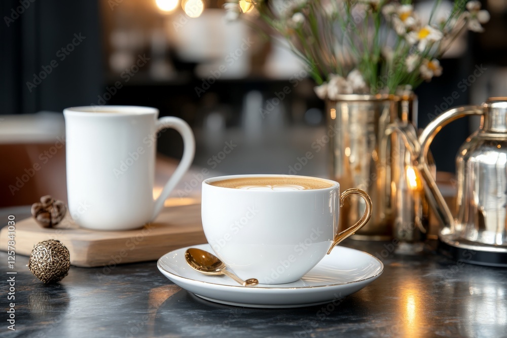 Elegant coffee setup with delicate cup and warm ambiance in a cozy café during the afternoon Elegant coffee setup with delicate cup and warm ambiance in a cozy café during the afternoon