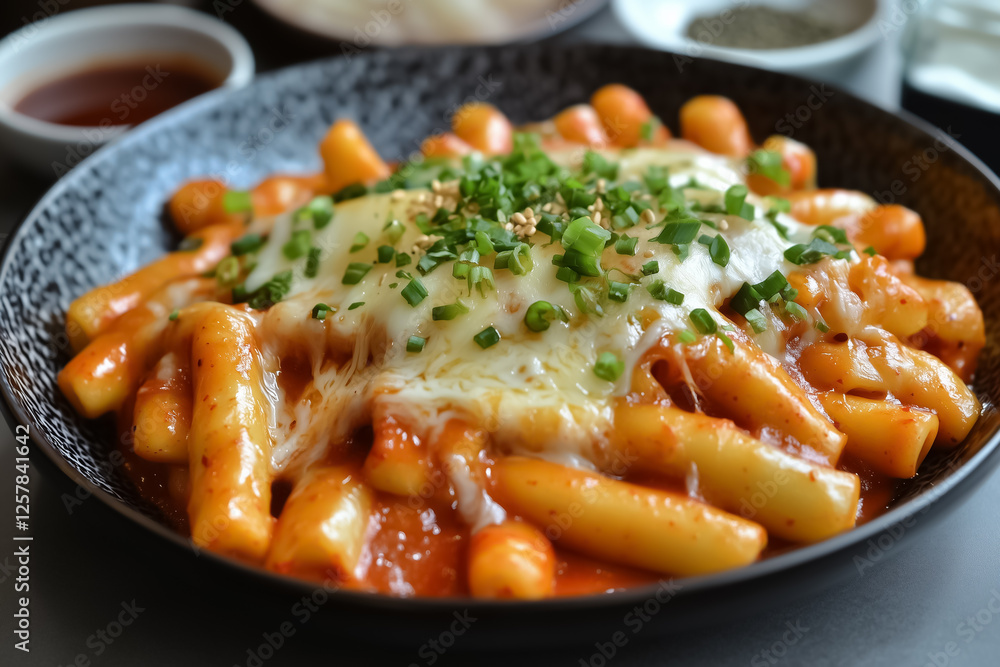 A plate of cheesy teokbokki with melted cheese on top A plate of cheesy teokbokki with melted cheese on top