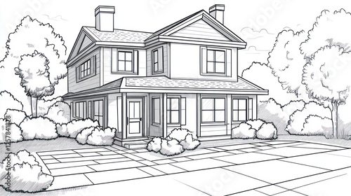 Wallpaper Mural Two-story house architectural sketch, trees, yard, landscaping, home design Torontodigital.ca