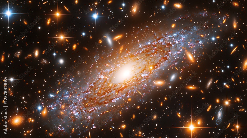 Obraz premium Cosmic Dance: A mesmerizing spiral galaxy in the vastness of space, ablaze with vibrant colors and captivating cosmic structures. Its swirling arms of gas and dust create a celestial ballet.