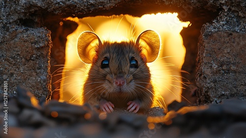 Cute mouse peering from wall hole, sunset glow, rocks photo