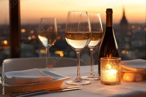 Romantic dining experience with wine and candlelight at sunset overlooking the city skyline