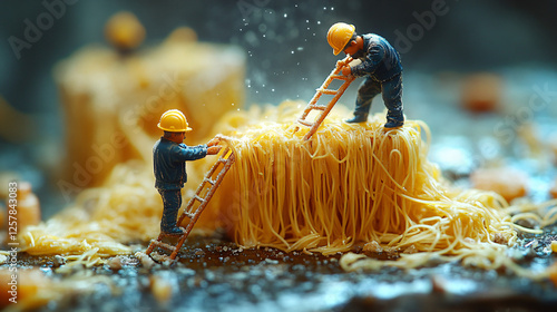 a miniature man is working on a pile of noodles photo