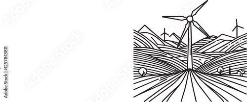 Hilly landscape with wind farm turbines energy continuous one line icon drawing. Renewable source green energy concept vector illustration. Contour one line sign for innovation, environment design