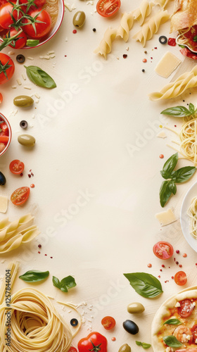 Italian culinary background with fresh ingredients and pasta on cream table