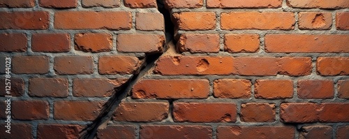 Aged brick wall, large vertical crack, weathered texture, impact, aged, urban